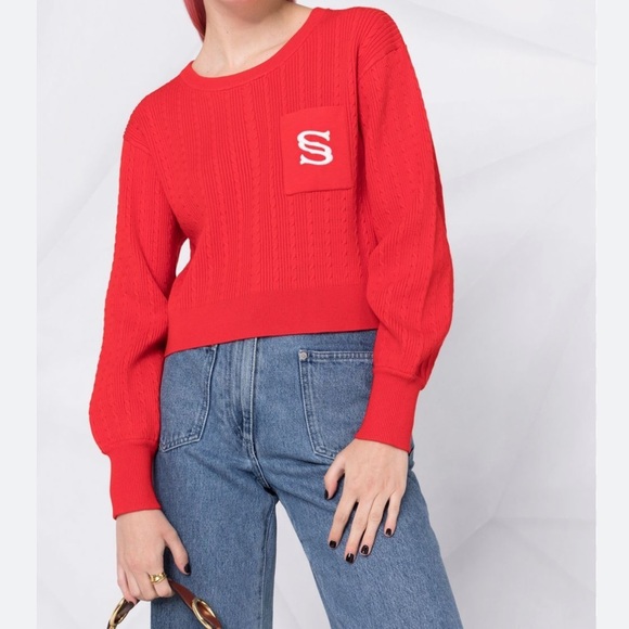 Sandro Paris Dorian Cropped Red Sweater Embroidered Monogram S Pocket Cable Knit - Picture 12 of 16